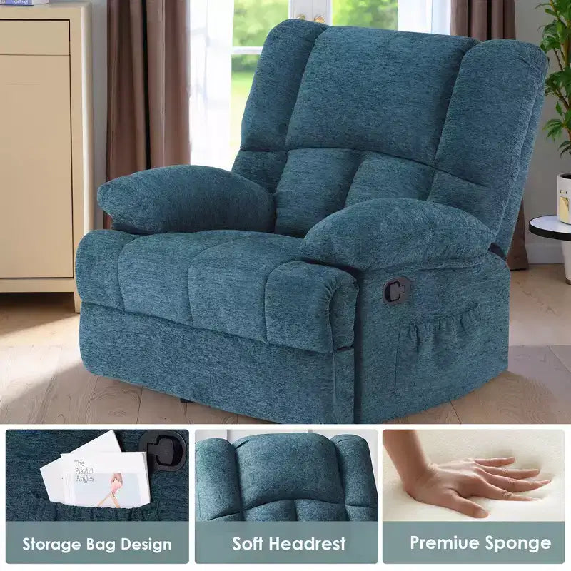 Poltrona reclinabile a dondolo oversize color verde nerastro per soggiorno per adulti