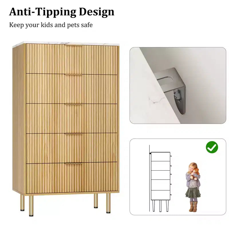 Comò per camera da letto, Comò a 5 cassetti con cassetti ampi, Cassettiera in legno, Comò moderno per soggiorno, cabina armadio, corridoio, ingresso