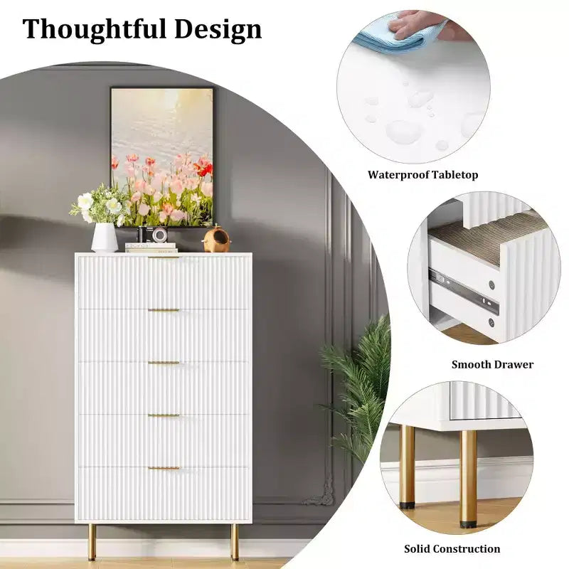 Comò per camera da letto, Comò a 5 cassetti con cassetti ampi, Cassettiera in legno, Comò moderno per soggiorno, cabina armadio, corridoio, ingresso