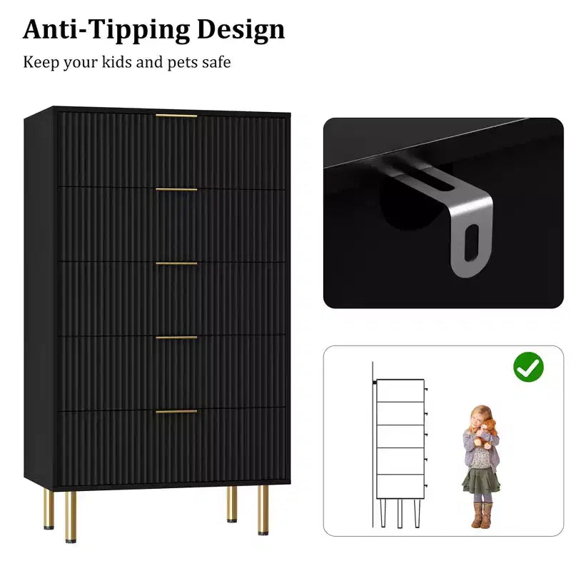 Comò per camera da letto, Comò a 5 cassetti con cassetti ampi, Cassettiera in legno, Comò moderno per soggiorno, cabina armadio, corridoio, ingresso