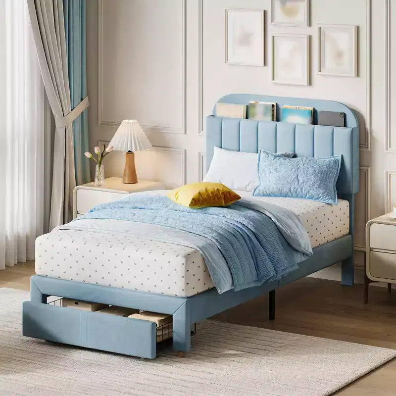 Struttura letto imbottita singola con testiera libreria, base letto in velluto