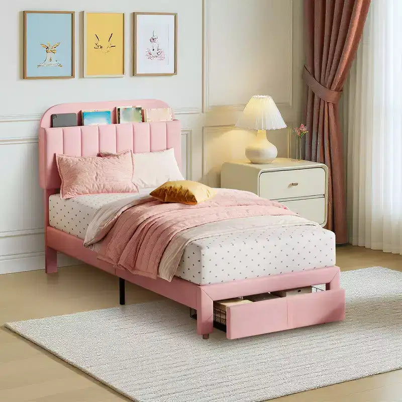 Struttura letto imbottita singola con testiera libreria, base letto in velluto