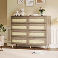 6 Drawer Rattan Dresser, Double Dresser with Deep Drawers, Chest of Drawers for Closet with Wide Top, for Bedroom, Entryway, Hallway, Living Room