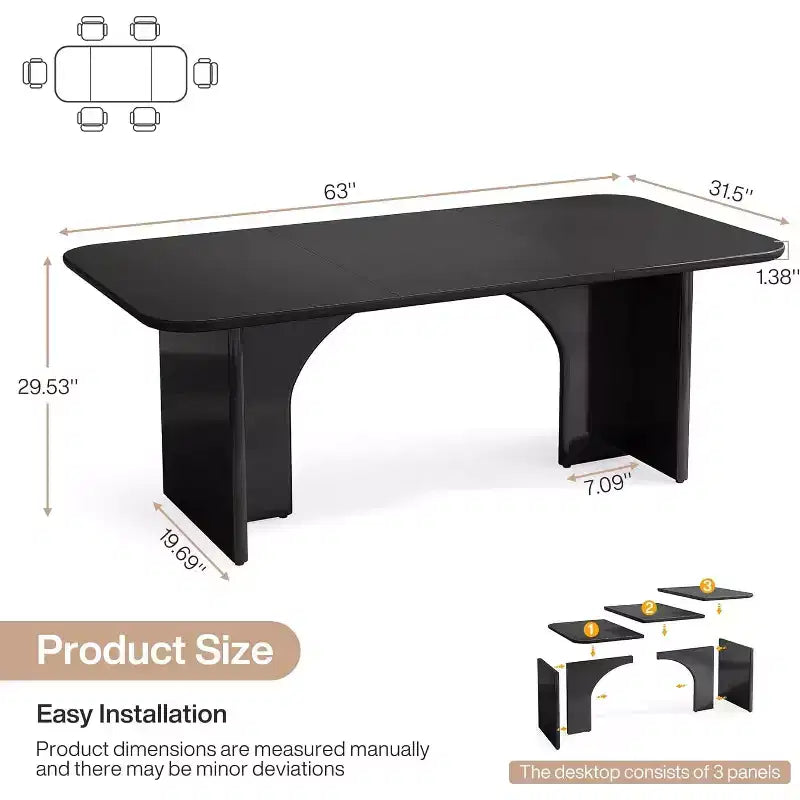 Tavolo da Pranzo Moderno Nero per 4-6 Persone, Tavolo da Cucina Rettangolare Grande da 63" con Gambe ad Arco, per Sala da Pranzo