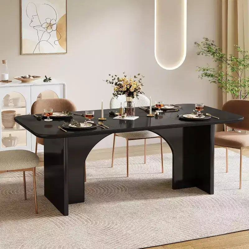 Tavolo da Pranzo Moderno Nero per 4-6 Persone, Tavolo da Cucina Rettangolare Grande da 63" con Gambe ad Arco, per Sala da Pranzo
