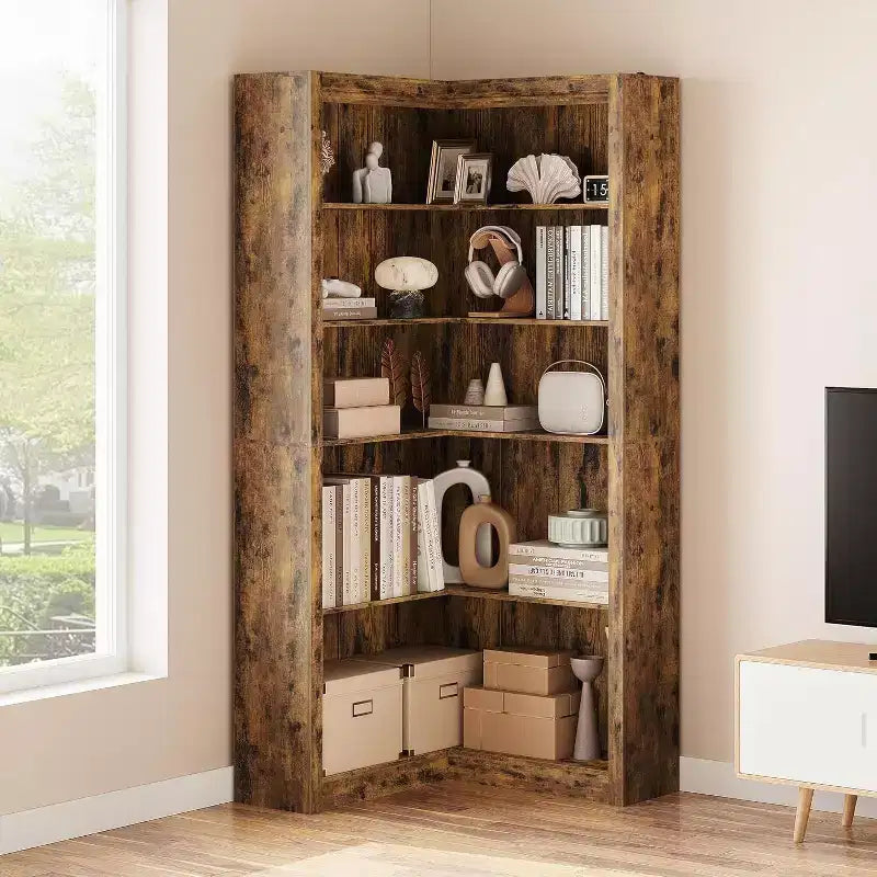 Libreria ad Angolo, Scaffale ad Angolo Rustico da 182 cm, Libreria a L Grande, Scaffale Espositivo a 5 Livelli, Librerie Robuste per la Casa