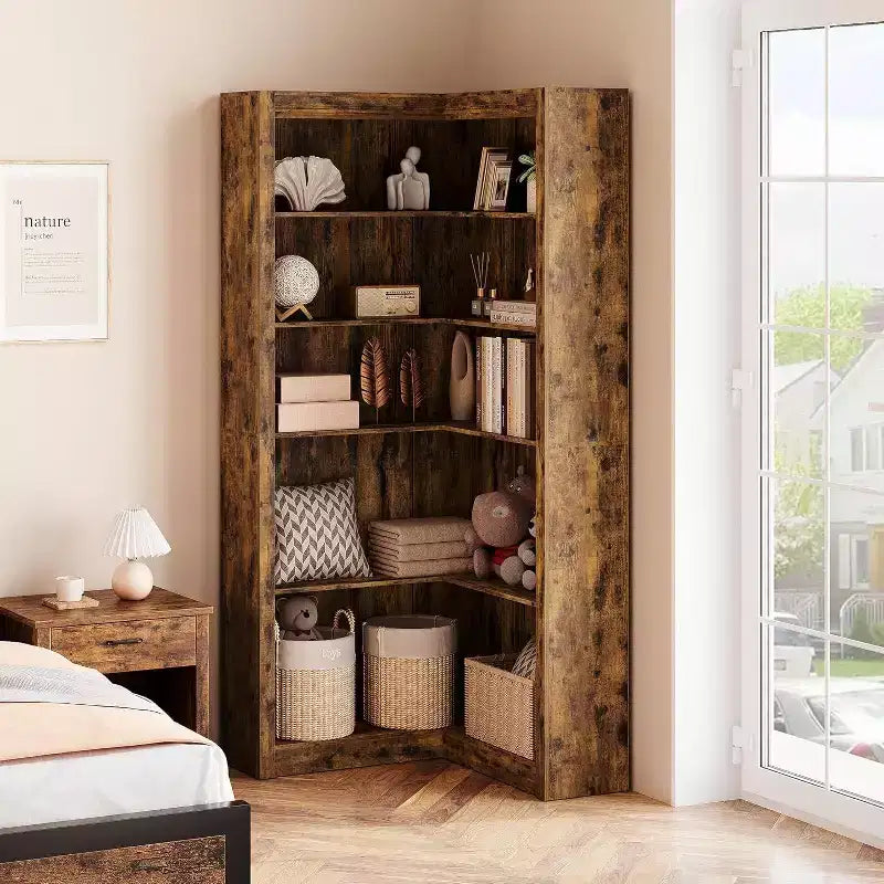 Libreria ad Angolo, Scaffale ad Angolo Rustico da 182 cm, Libreria a L Grande, Scaffale Espositivo a 5 Livelli, Librerie Robuste per la Casa
