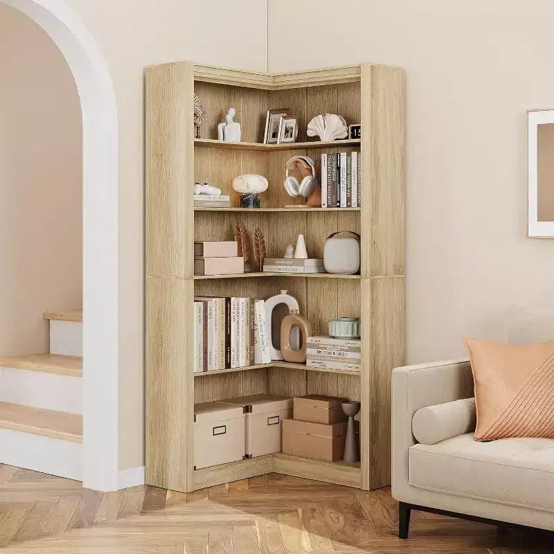 Libreria ad Angolo, Scaffale ad Angolo Rustico da 182 cm, Libreria a L Grande, Scaffale Espositivo a 5 Livelli, Librerie Robuste per la Casa
