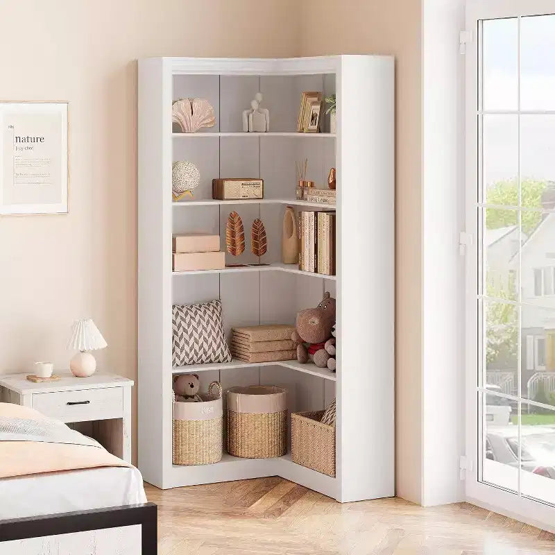 Libreria ad Angolo, Scaffale ad Angolo Rustico da 182 cm, Libreria a L Grande, Scaffale Espositivo a 5 Livelli, Librerie Robuste per la Casa