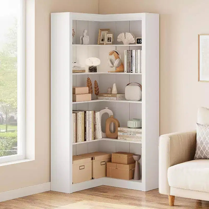 Libreria ad Angolo, Scaffale ad Angolo Rustico da 182 cm, Libreria a L Grande, Scaffale Espositivo a 5 Livelli, Librerie Robuste per la Casa