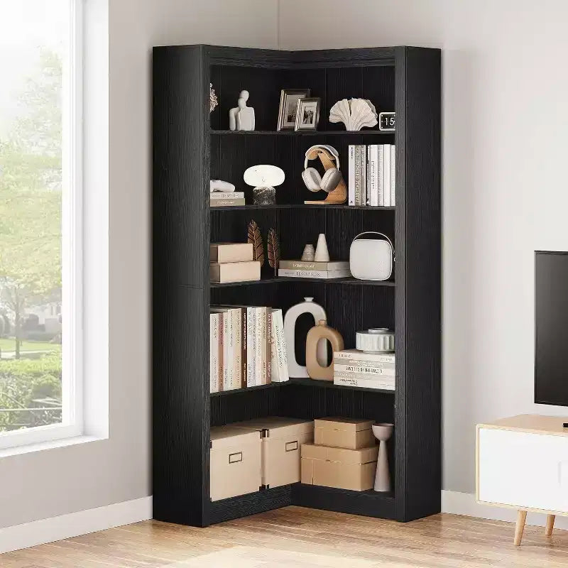 Libreria ad Angolo, Scaffale ad Angolo Rustico da 182 cm, Libreria a L Grande, Scaffale Espositivo a 5 Livelli, Librerie Robuste per la Casa