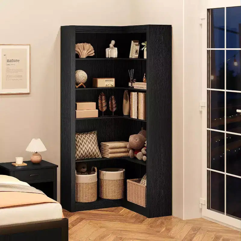 Libreria ad Angolo, Scaffale ad Angolo Rustico da 182 cm, Libreria a L Grande, Scaffale Espositivo a 5 Livelli, Librerie Robuste per la Casa
