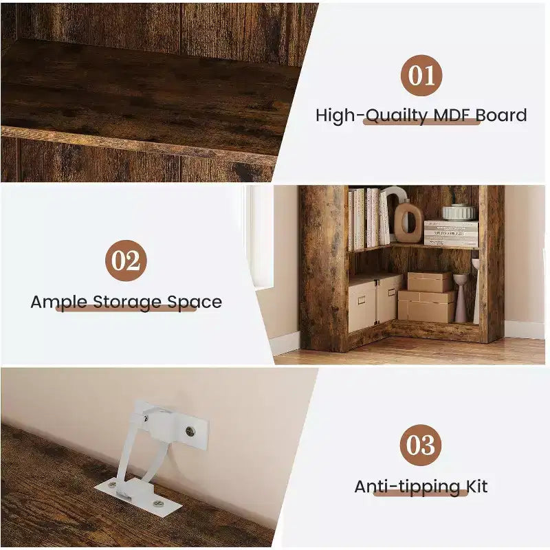 Libreria ad Angolo, Scaffale ad Angolo Rustico da 182 cm, Libreria a L Grande, Scaffale Espositivo a 5 Livelli, Librerie Robuste per la Casa