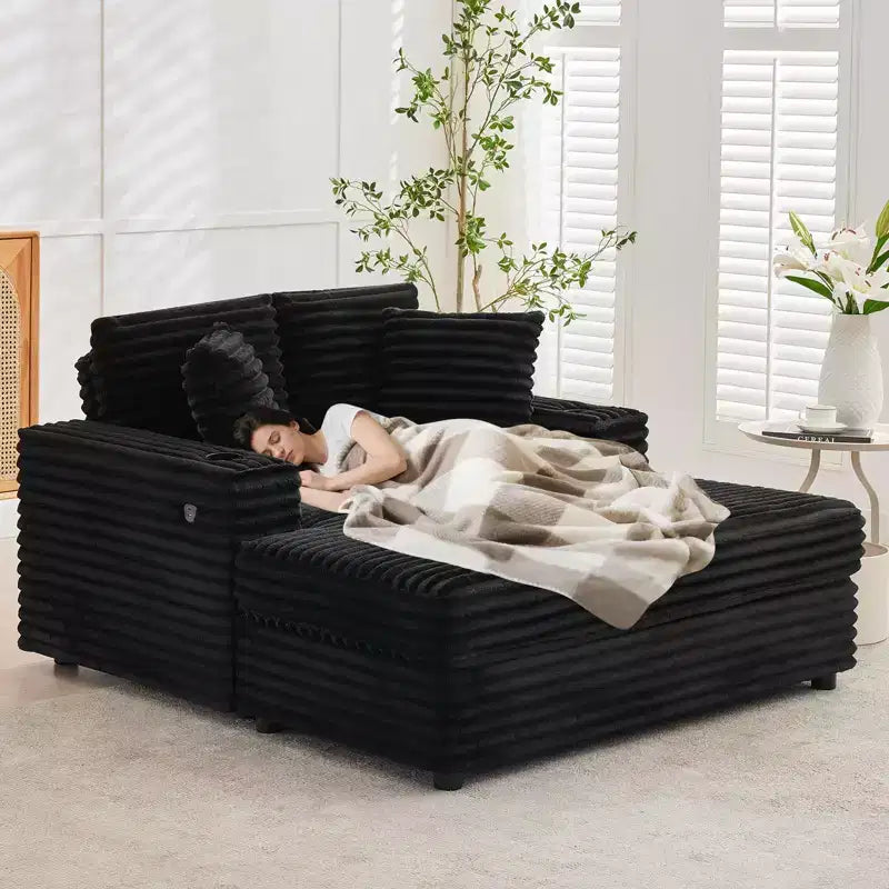 Divano Lounge Comfy Indoor in Velluto a Coste con Stazione di Ricarica, Portabicchieri e Cuscini Decorativi, Comodo Divano Letto per Soggiorno, Camera da Letto e Appartamenti