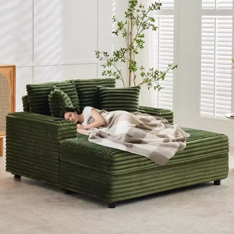Divano Lounge Comfy Indoor in Velluto a Coste con Stazione di Ricarica, Portabicchieri e Cuscini Decorativi, Comodo Divano Letto per Soggiorno, Camera da Letto e Appartamenti