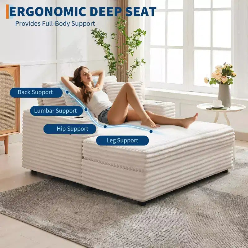 Divano Lounge Comfy Indoor in Velluto a Coste con Stazione di Ricarica, Portabicchieri e Cuscini Decorativi, Comodo Divano Letto per Soggiorno, Camera da Letto e Appartamenti