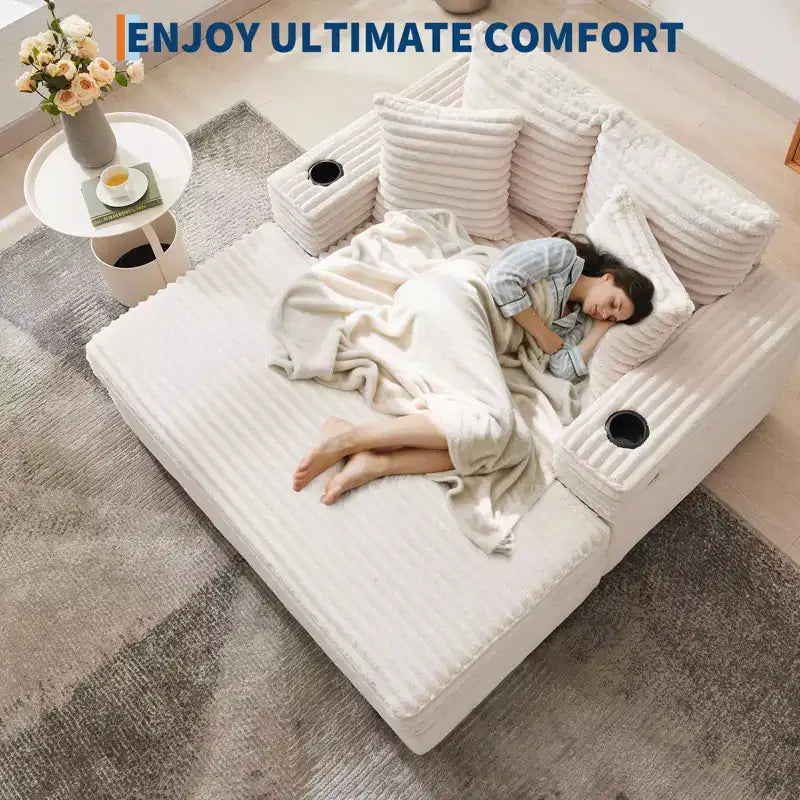 Divano Lounge Comfy Indoor in Velluto a Coste con Stazione di Ricarica, Portabicchieri e Cuscini Decorativi, Comodo Divano Letto per Soggiorno, Camera da Letto e Appartamenti