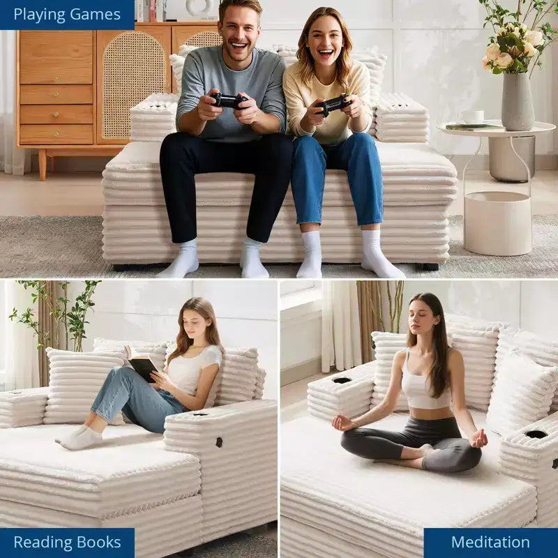 Divano Lounge Comfy Indoor in Velluto a Coste con Stazione di Ricarica, Portabicchieri e Cuscini Decorativi, Comodo Divano Letto per Soggiorno, Camera da Letto e Appartamenti