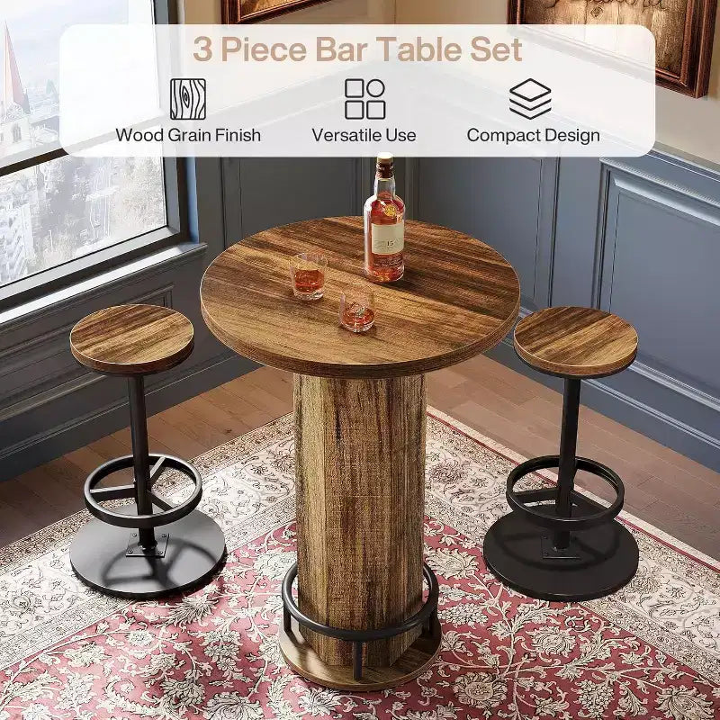Tavolo rotondo da bar con sedie, set da bistrot con 2 sgabelli da bar, tavolo da cocktail da pub con poggiapiedi ad anello in metallo per angolo cottura, appartamento