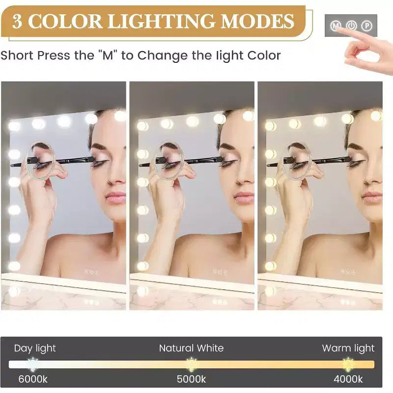 Specchio da trucco a LED da 17 pollici con lente d'ingrandimento 3X, controllo touch con 3 modalità di illuminazione a colori, porta di ricarica USB, design da tavolo/a parete, 32x24, bianco