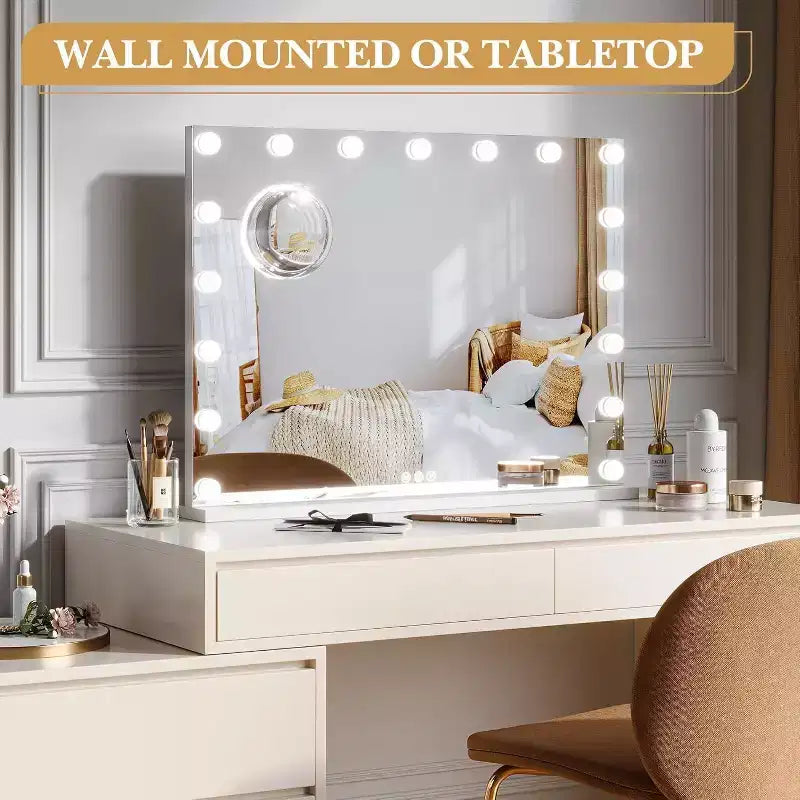 Specchio da trucco a LED da 17 pollici con lente d'ingrandimento 3X, controllo touch con 3 modalità di illuminazione a colori, porta di ricarica USB, design da tavolo/a parete, 32x24, bianco