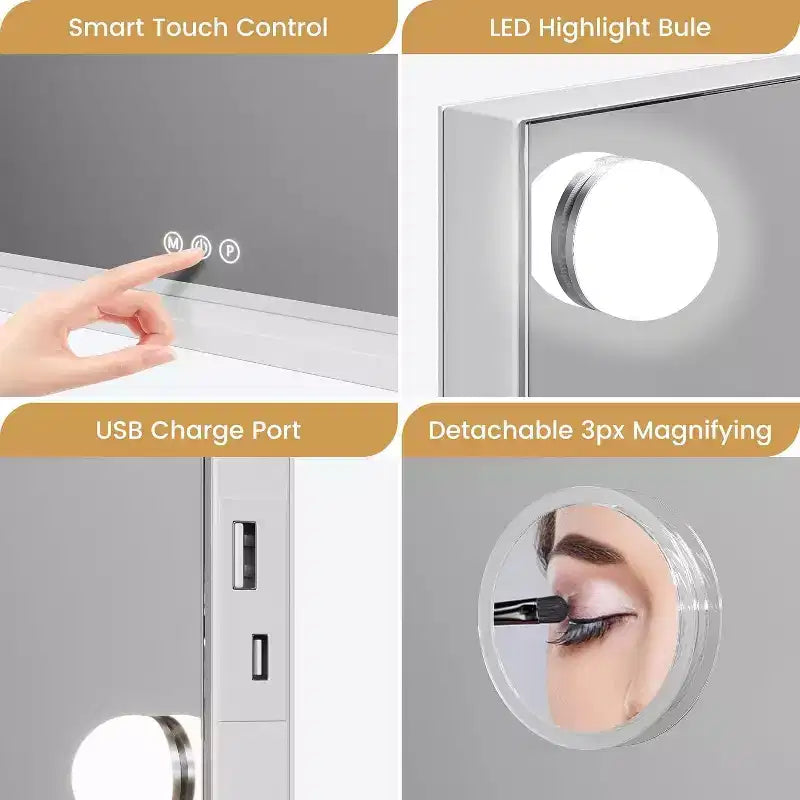 Specchio da trucco a LED da 17 pollici con lente d'ingrandimento 3X, controllo touch con 3 modalità di illuminazione a colori, porta di ricarica USB, design da tavolo/a parete, 32x24, bianco