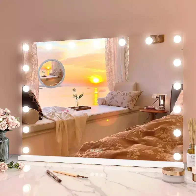 Specchio da trucco a LED da 17 pollici con lente d'ingrandimento 3X, controllo touch con 3 modalità di illuminazione a colori, porta di ricarica USB, design da tavolo/a parete, 32x24, bianco
