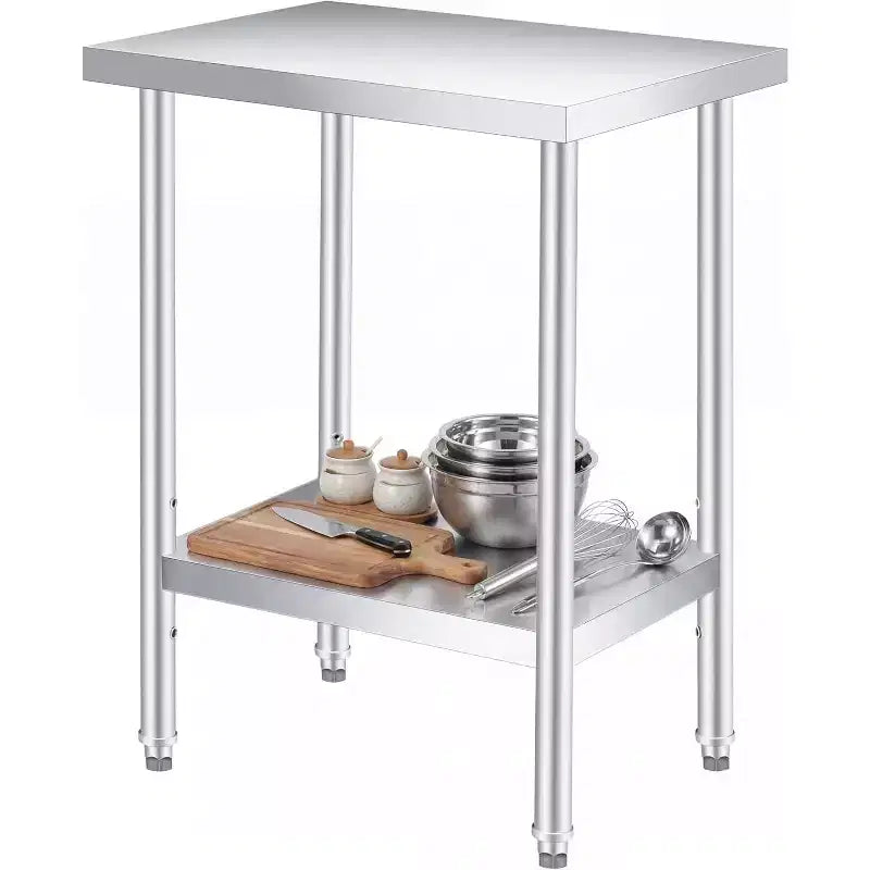 Tavolo da Lavoro in Acciaio Inox (con Ruote Bloccabili), Tavolo Utilità/Preparazione in Metallo a 2 Ripiani con Ripiano Inferiore Regolabile per Cucina Ristorante