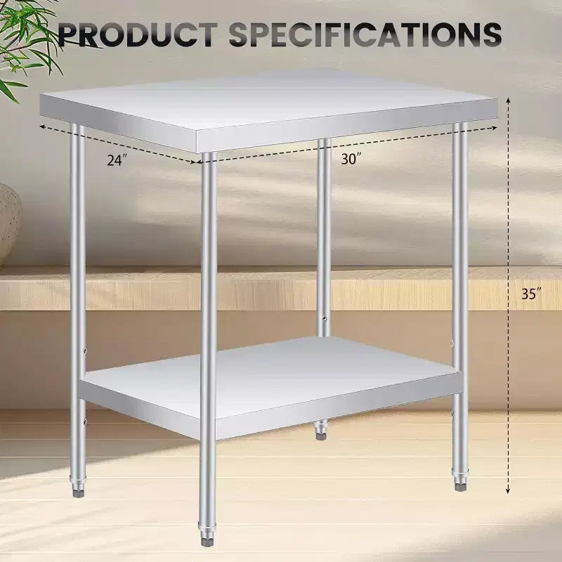 Tavolo da Lavoro in Acciaio Inox (con Ruote Bloccabili), Tavolo Utilità/Preparazione in Metallo a 2 Ripiani con Ripiano Inferiore Regolabile per Cucina Ristorante