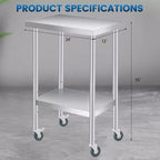 Tavolo da Lavoro in Acciaio Inox (con Ruote Bloccabili), Tavolo Utilità/Preparazione in Metallo a 2 Ripiani con Ripiano Inferiore Regolabile per Cucina Ristorante