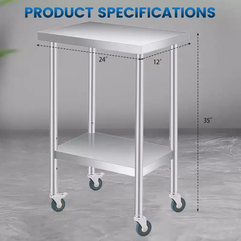 Tavolo da Lavoro in Acciaio Inox (con Ruote Bloccabili), Tavolo Utilità/Preparazione in Metallo a 2 Ripiani con Ripiano Inferiore Regolabile per Cucina Ristorante