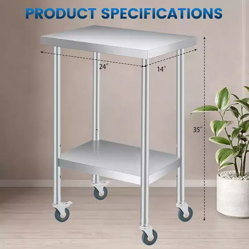 Tavolo da Lavoro in Acciaio Inox (con Ruote Bloccabili), Tavolo Utilità/Preparazione in Metallo a 2 Ripiani con Ripiano Inferiore Regolabile per Cucina Ristorante