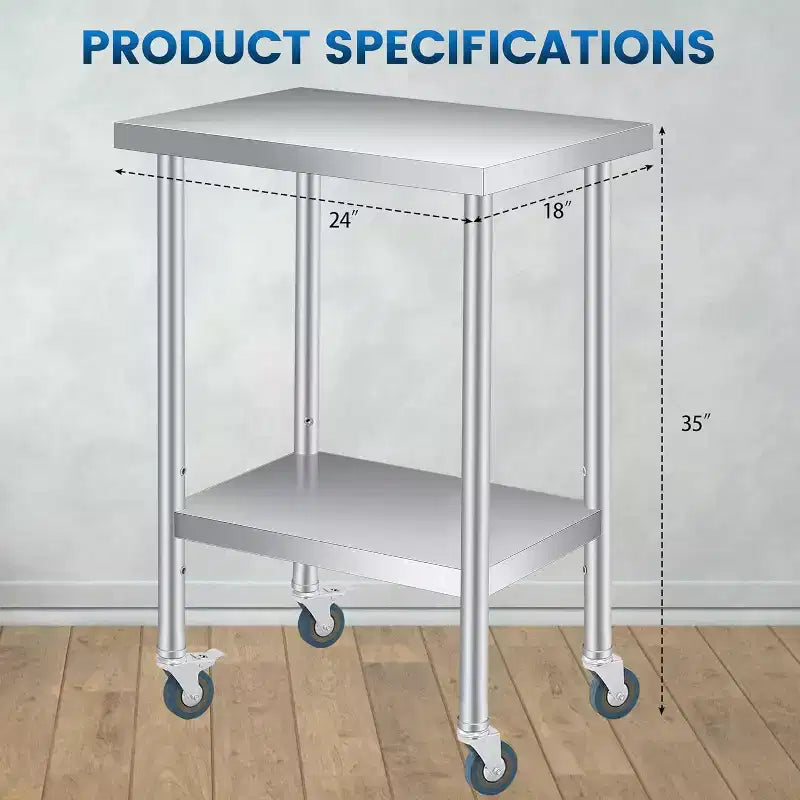 Tavolo da Lavoro in Acciaio Inox (con Ruote Bloccabili), Tavolo Utilità/Preparazione in Metallo a 2 Ripiani con Ripiano Inferiore Regolabile per Cucina Ristorante