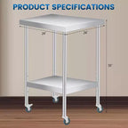 Tavolo da Lavoro in Acciaio Inox (con Ruote Bloccabili), Tavolo Utilità/Preparazione in Metallo a 2 Ripiani con Ripiano Inferiore Regolabile per Cucina Ristorante