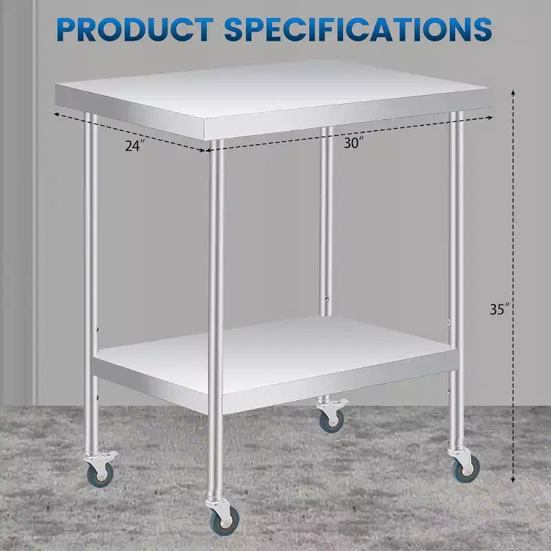 Tavolo da Lavoro in Acciaio Inox (con Ruote Bloccabili), Tavolo Utilità/Preparazione in Metallo a 2 Ripiani con Ripiano Inferiore Regolabile per Cucina Ristorante