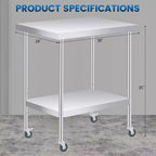 Tavolo da Lavoro in Acciaio Inox (con Ruote Bloccabili), Tavolo Utilità/Preparazione in Metallo a 2 Ripiani con Ripiano Inferiore Regolabile per Cucina Ristorante
