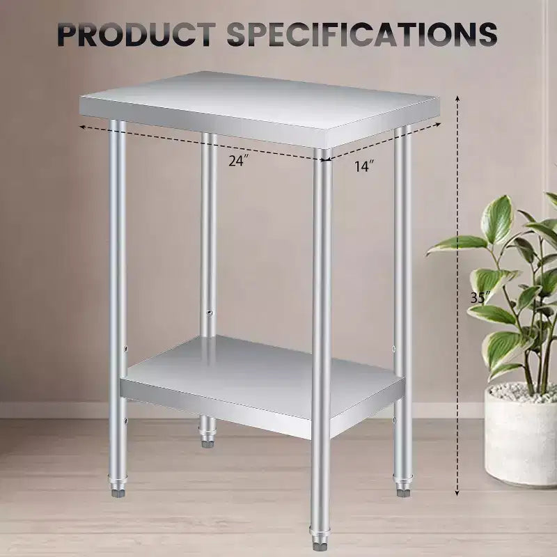 Tavolo da Lavoro in Acciaio Inox (con Ruote Bloccabili), Tavolo Utilità/Preparazione in Metallo a 2 Ripiani con Ripiano Inferiore Regolabile per Cucina Ristorante