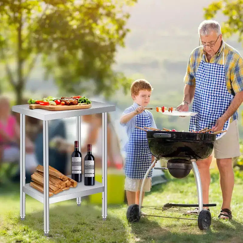 Tavolo da Lavoro in Acciaio Inox (con Ruote Bloccabili), Tavolo Utilità/Preparazione in Metallo a 2 Ripiani con Ripiano Inferiore Regolabile per Cucina Ristorante