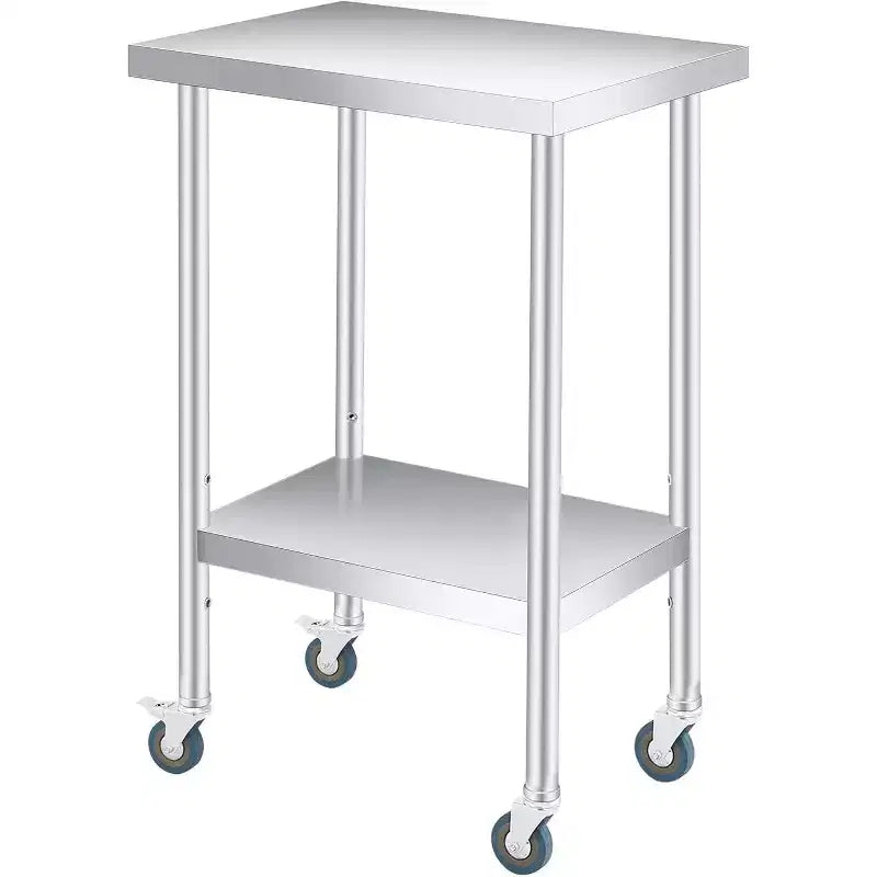 Tavolo da Lavoro in Acciaio Inox (con Ruote Bloccabili), Tavolo Utilità/Preparazione in Metallo a 2 Ripiani con Ripiano Inferiore Regolabile per Cucina Ristorante
