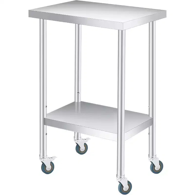 Tavolo da Lavoro in Acciaio Inox (con Ruote Bloccabili), Tavolo Utilità/Preparazione in Metallo a 2 Ripiani con Ripiano Inferiore Regolabile per Cucina Ristorante