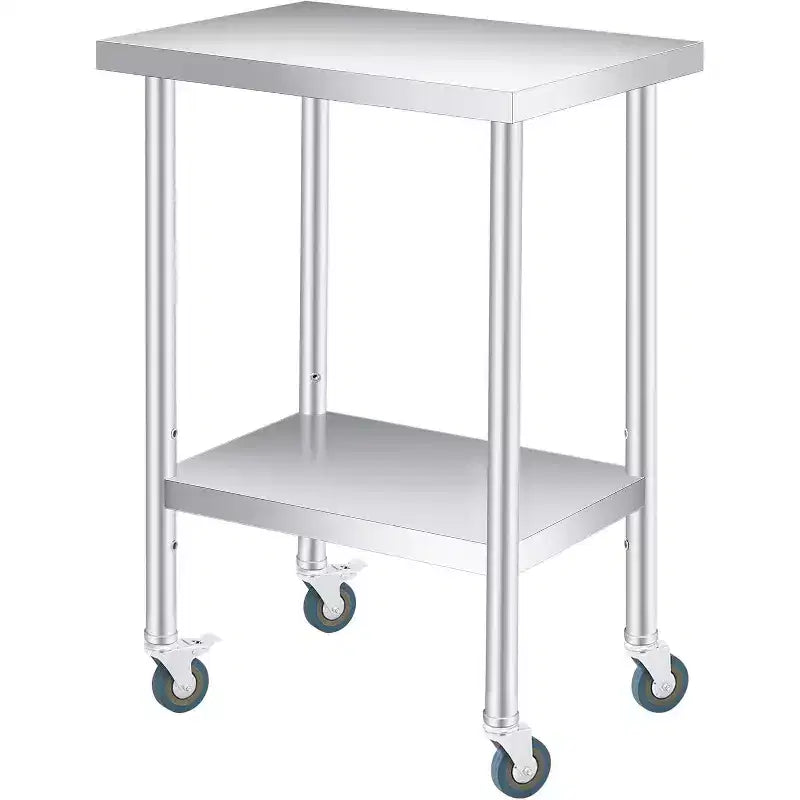 Tavolo da Lavoro in Acciaio Inox (con Ruote Bloccabili), Tavolo Utilità/Preparazione in Metallo a 2 Ripiani con Ripiano Inferiore Regolabile per Cucina Ristorante
