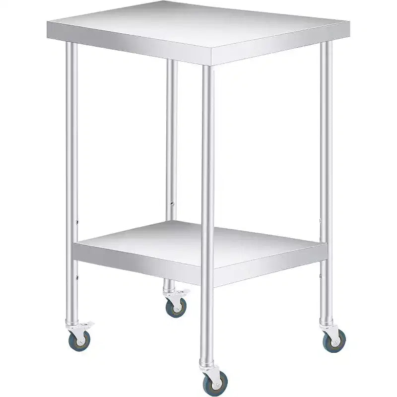 Tavolo da Lavoro in Acciaio Inox (con Ruote Bloccabili), Tavolo Utilità/Preparazione in Metallo a 2 Ripiani con Ripiano Inferiore Regolabile per Cucina Ristorante