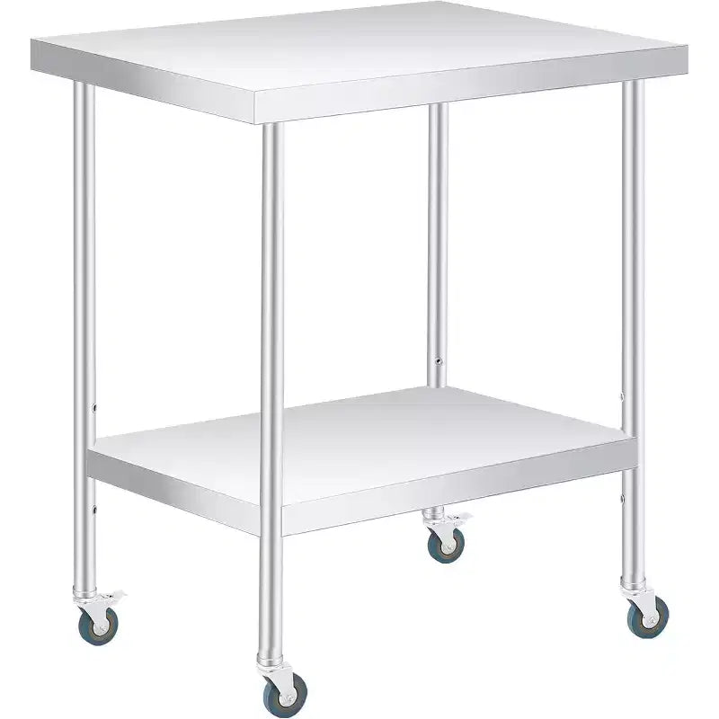 Tavolo da Lavoro in Acciaio Inox (con Ruote Bloccabili), Tavolo Utilità/Preparazione in Metallo a 2 Ripiani con Ripiano Inferiore Regolabile per Cucina Ristorante