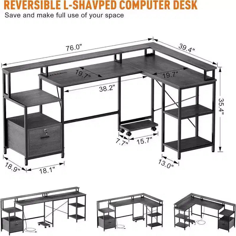 Scrivania a L, Scrivania da Ufficio Reversibile da 193 cm con Cassettiera per Archivio per Ufficio Domestico