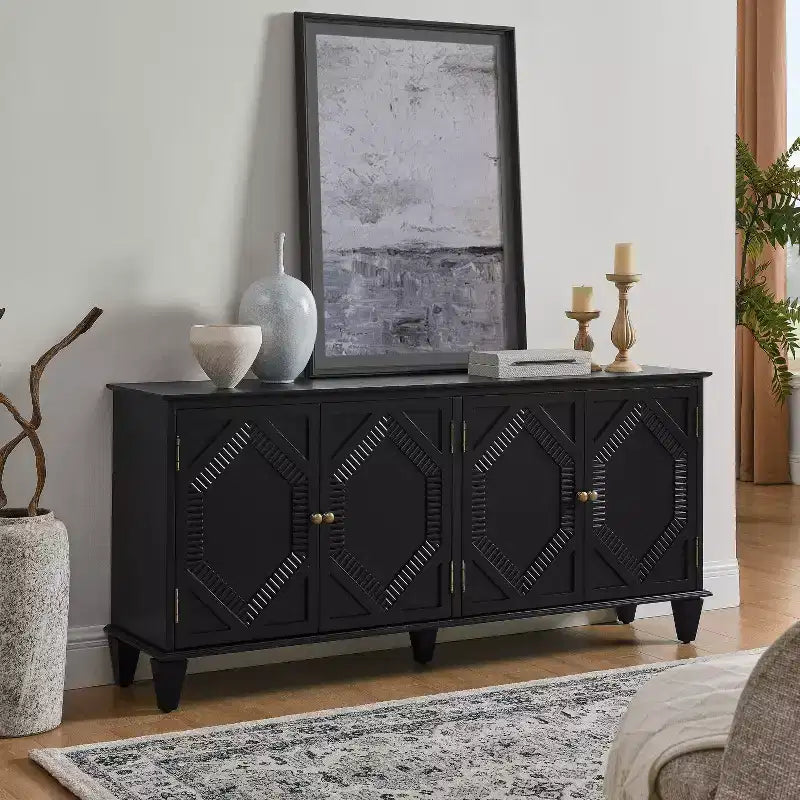 Credenza a buffet Mid Century, mobile credenza con 4 ante e 4 ripiani, mobile contenitore per soggiorno, ingresso, ufficio