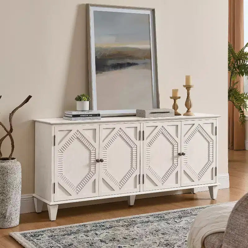 Credenza a buffet Mid Century, mobile credenza con 4 ante e 4 ripiani, mobile contenitore per soggiorno, ingresso, ufficio