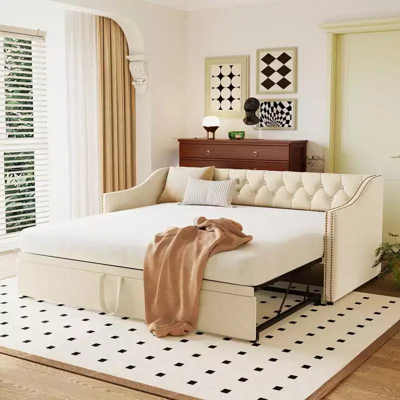Divano letto singolo imbottito con letto estraibile a scomparsa, Struttura letto singolo con letto estraibile allungabile, Divano letto capitonné, Camera da letto, Soggiorno Beige