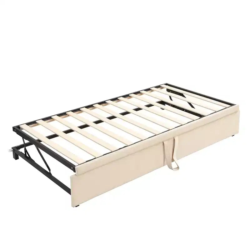 Divano letto singolo imbottito con letto estraibile a scomparsa, Struttura letto singolo con letto estraibile allungabile, Divano letto capitonné, Camera da letto, Soggiorno Beige