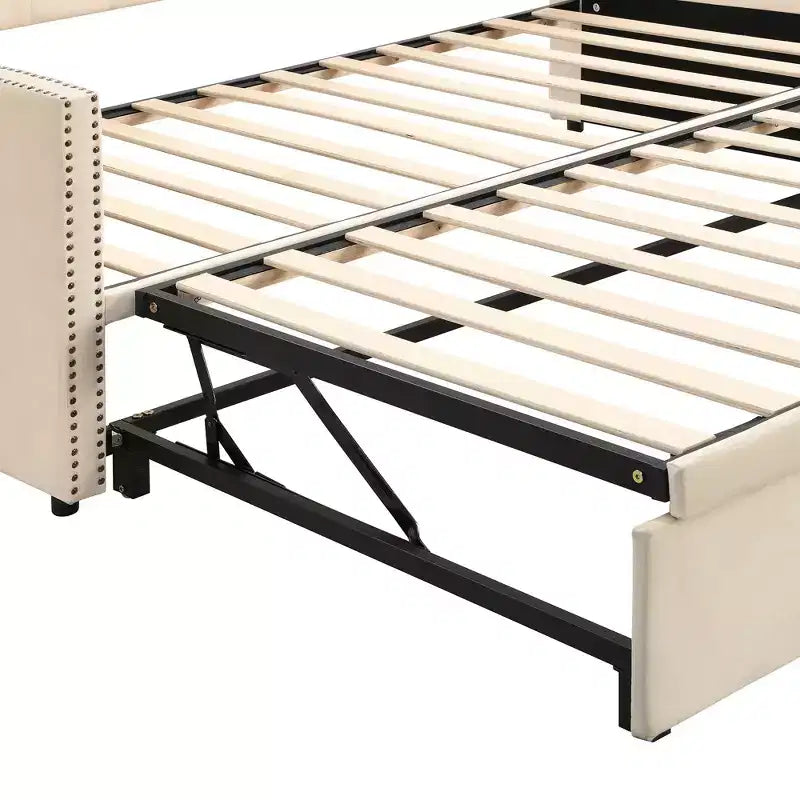 Divano letto singolo imbottito con letto estraibile a scomparsa, Struttura letto singolo con letto estraibile allungabile, Divano letto capitonné, Camera da letto, Soggiorno Beige