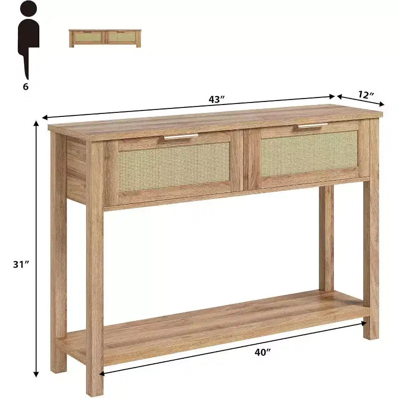 Consolle stretta in rattan, Tavolino da divano Boho con 2 cassetti, Mobile d'ingresso a 2 livelli, Tavolo dietro al divano per soggiorno e corridoio
